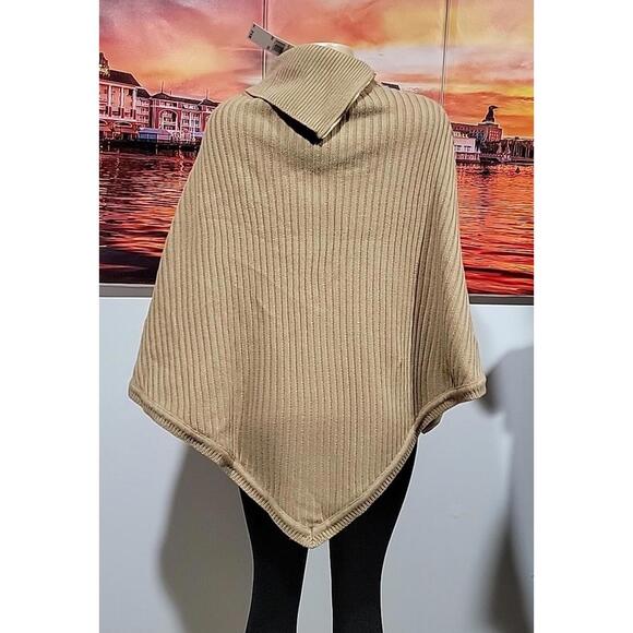 MICHAEL KORS Zippered Ribbed-Knit Poncho OS Camel NWT #4 - Picture 7 of 12